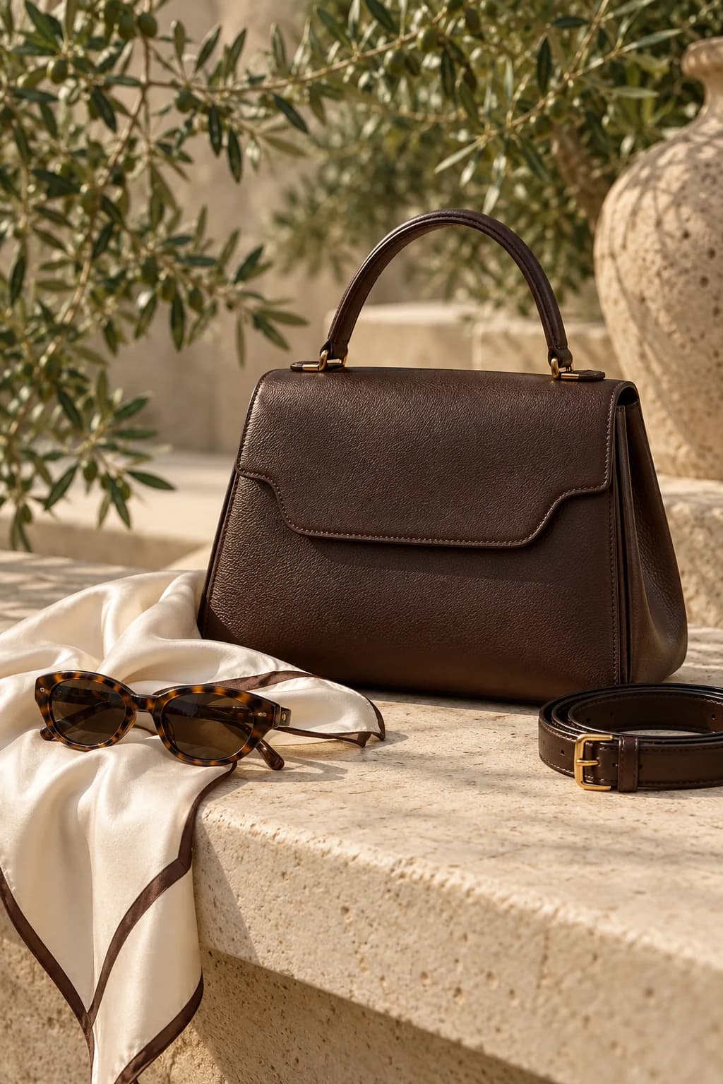 Chocolate leather bag, sunglasses, and a folded silk scarf